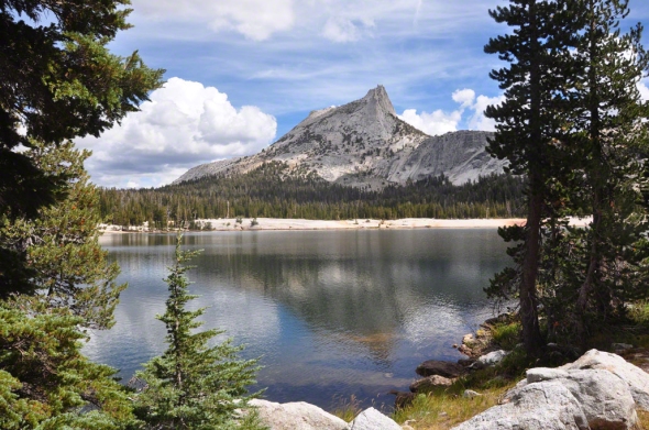View of Cathedral Peak from lower Cathedral Lake on September 8, 2012, photo by kathryn arnold